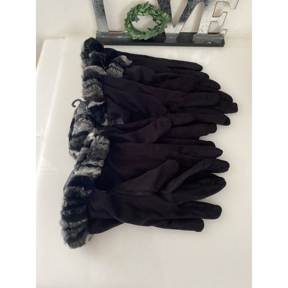 Vintage XS  Women's Faux Fur‎ Trim Gloves Winter Warm Black Gray Animal Print 2 - Picture 14 of 16